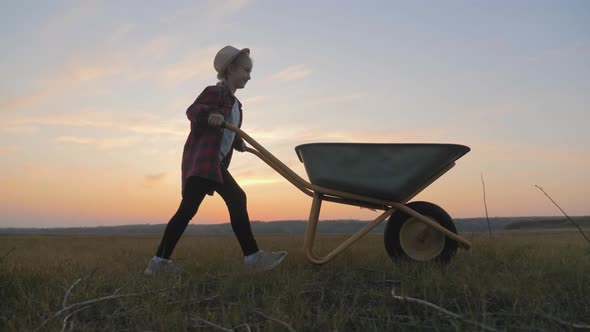 Silhouette Kid Girl Playing in Field with Wheelbarrow at Sunset. Happy Child. Autumn Crop