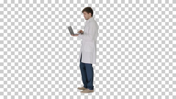 Male doctor in white coat having video, Alpha Channel