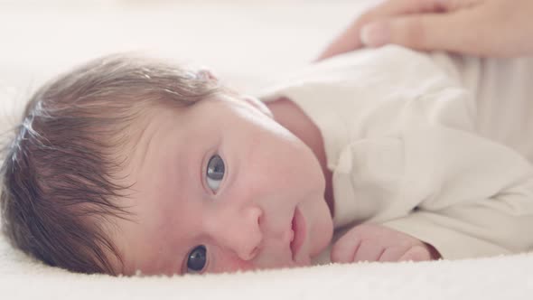 Close-up portrait of a young baby who has recently been born.