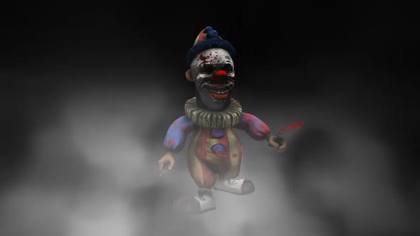 Scary clown walking in the fog