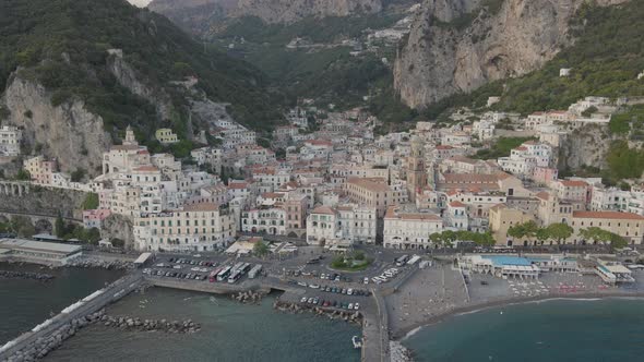 Amalficoast, Italy. Aerial view, coastal city and harbor on Mediterranean coast Italy. Picturesque A