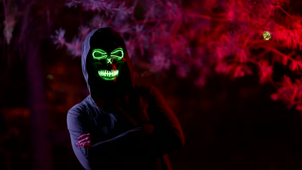 a Person in a Terrible Glowing Mask of Death and in a Cape with a Hood Has Folded Arms on Chest and