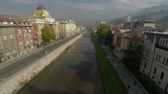 Aerial view of Miljacka River in Sarajevo