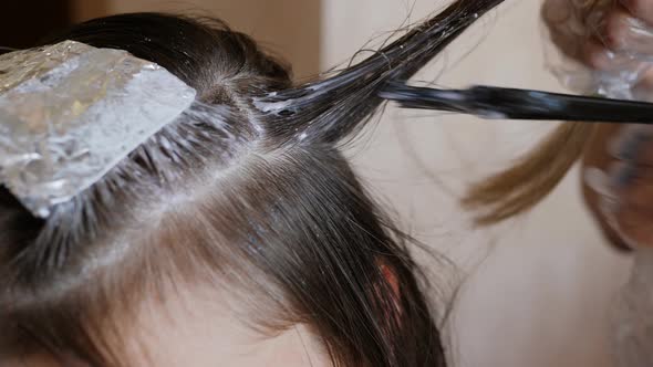 Closeup of a Woman with a Special Brush Paints Her Daughter's Hair with Hair Dye at Home