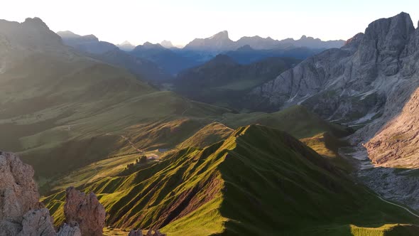 Dolomites mountains peaks on a summer sunrise