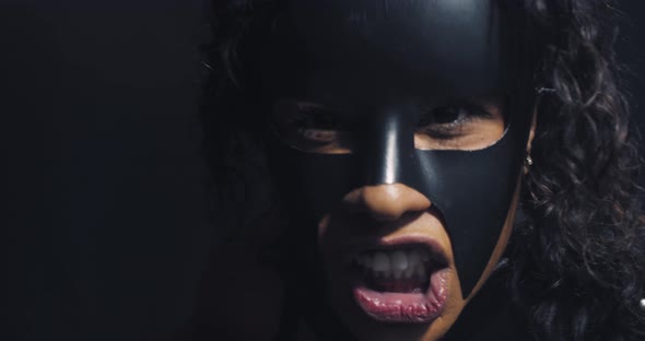 Cat Woman Is Showing Her Teeth Aggressive Woman Curly Hair Mask