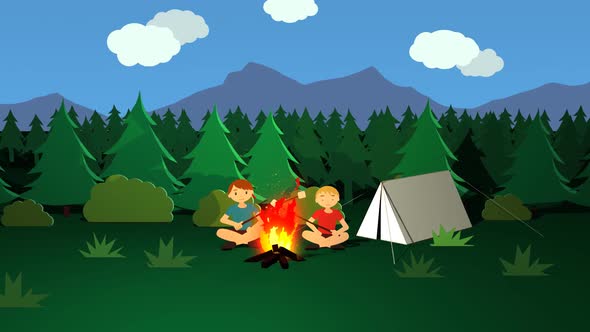 Campsite with the white tent and kids roasting marshmallows on the burning fire.