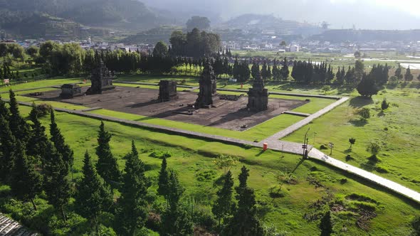 Aerial view of arjuna temple complex at Dieng Plateau.