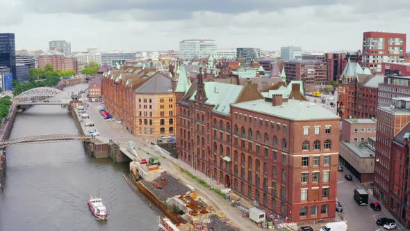 Aerial view of the Speicherstadt in Hamburg on a cloudy day