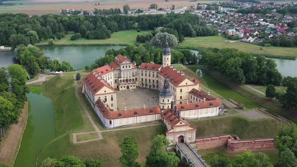 Flying Over the Nesvizh Castle, the Park Around the Castle and the Lake, Aerial Video of Nesvizh