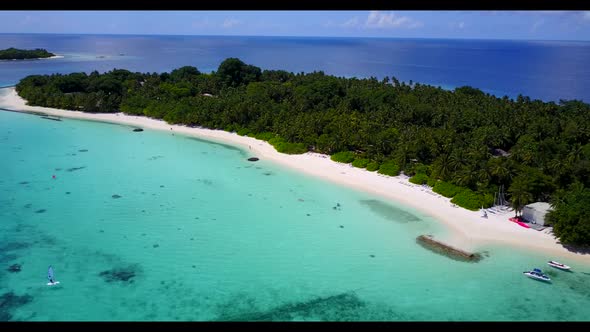 Aerial drone abstract of perfect tourist beach trip by turquoise ocean with white sand background of