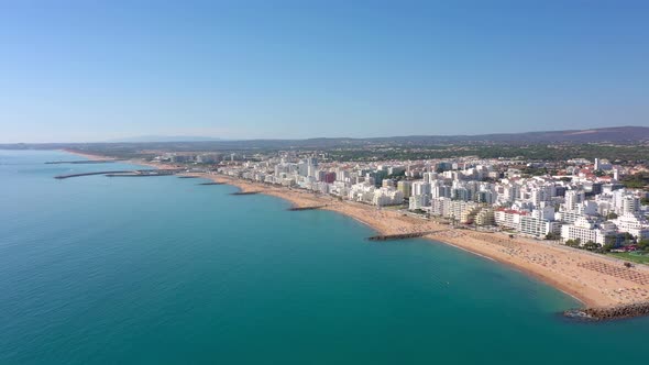 Drone Footage Shooting the Tourist Town of Quareira on the Shores of the Atlantic Ocean Beaches with