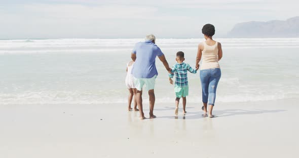 African american couple walking with children on sunny beach