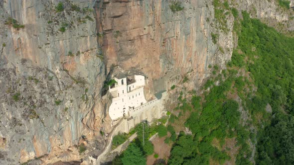 Aerial view on Ostrog monastery in rocky montain is the most popular pilgrimage place in Montenegro