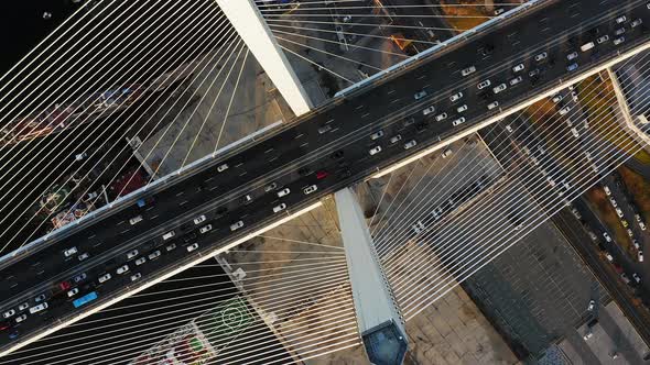 Vertically Down View on the Road with Dense Traffic of the Cablestayed Bridge