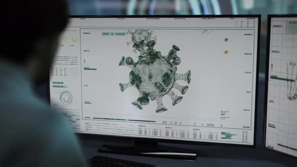 The doctor analyses the structure of a virus. Zooming in to the deepest levels. alt