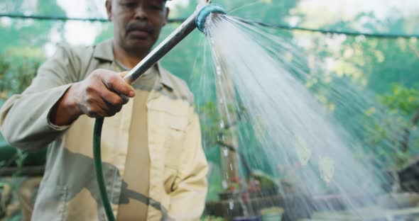 African american male gardener watering plants at garden center