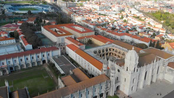  Drone Aerial View of Empire Square and Jeronimos Monastery in Lisbon Portugal