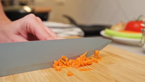 Woman Chopping Carrot in Kitchen Close Up