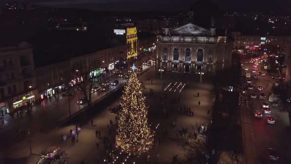 Arial View of Christmas Tree and Fair in City Lviv Ukraine Near Opera House New Year Holidays
