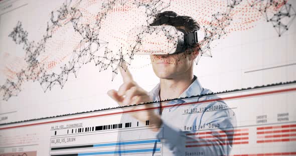 Man using virtual reality headset and futuristic screen