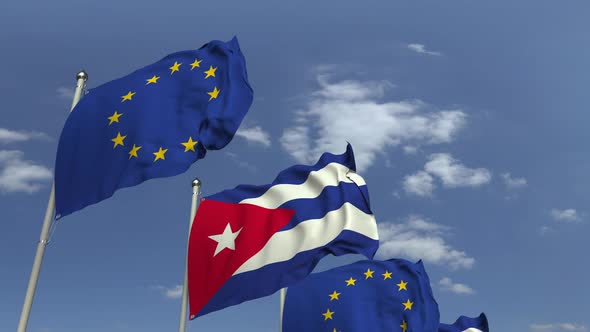 Flags of Cuba and the European Union Against Blue Sky