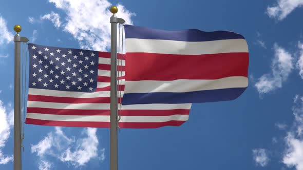Usa Flag Vs Costa Rica Flag On Flagpole