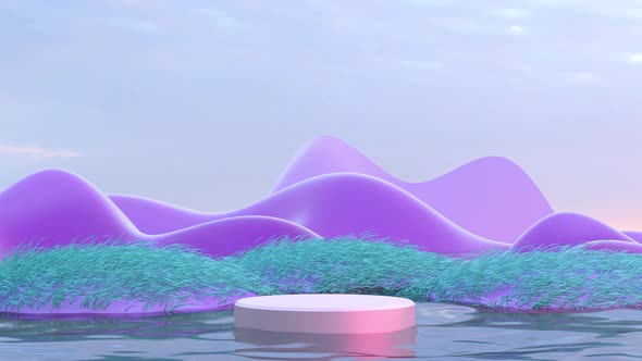 Abstract podium in the sea in a fantastic metaverse style with dynamic mountains