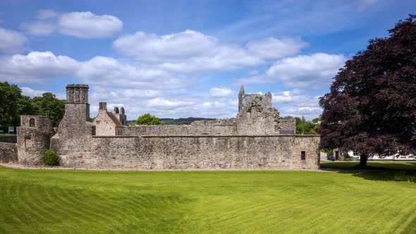 Motion time lapse of Boyle Abbey medieval ruin in county Roscommon in Ireland as a historical sights