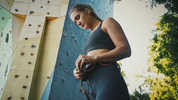 Sporty Woman Alpinist Preparing for Training Wearing Belaying Harness at Outdoor Gym Rock