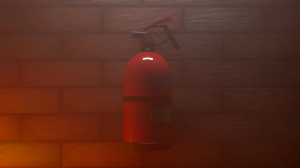 Extinguisher hanging on the brick wall. Safety device used in case of fire.