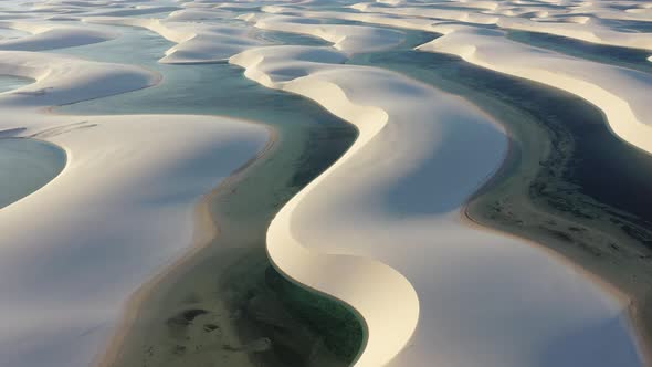 Sunset at Lencois Maranhenses Maranhao. Scenic sand dunes and rainwater lakes