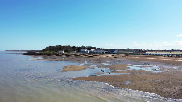 An Aerial View of an Empty Sandy Beach. Pandemic Quarantine. Whitstable, Kent, UK