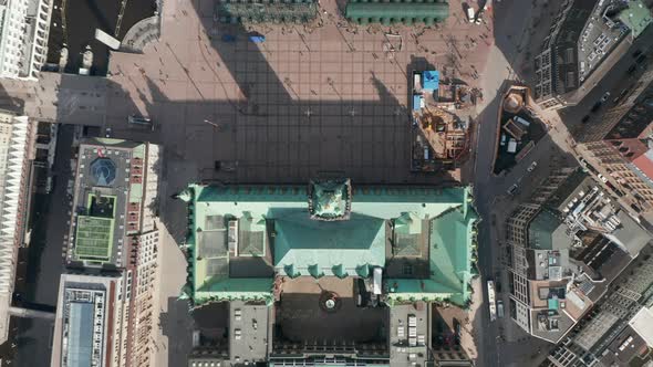 Ascending Aerial Birds Eye Overhead View of Hamburg Town Hall Green Roof