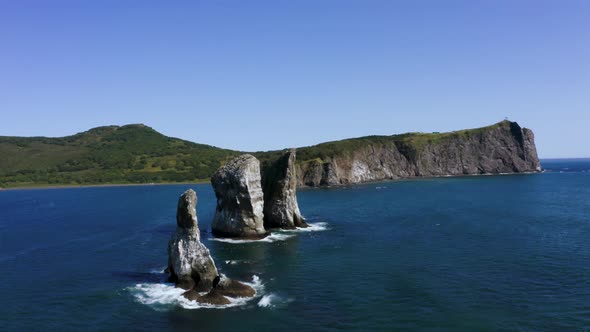 Aerial View of the Stones Three Brothers and the Seascape of Kamchatka