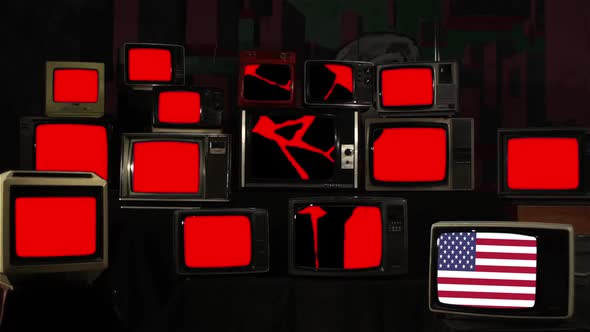 Clenched Fist and US Flag on Retro TVs. Red.