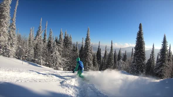 Young female snowboarder riding fresh powder snow in beautiful snowy mountain in sunny winter.