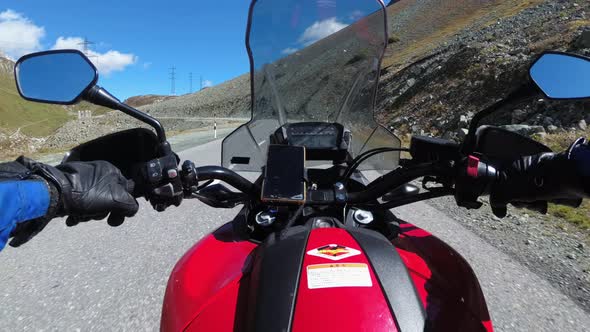 POV Biker Rides on Motorbike By Scenic Mountain Pass in Swiss Alps Moto Trip