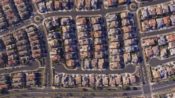 Aerial top down view above new housing development neighbourhood in central valley of California