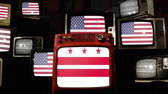 Flag of Washington, D.C. and US Flags on Retro TVs.