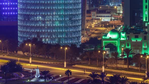 Doha Corniche with Coffee Pot Monument Night Timelapse