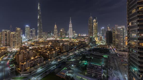 Dubai Downtown Skyline Night Timelapse with Burj Khalifa and Other Towers Paniramic View From the