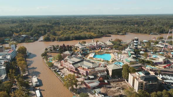 Aerial View Of Costa Park Amusement Rides And Lujan River In Tigre, Buenos Aires, Argentina.