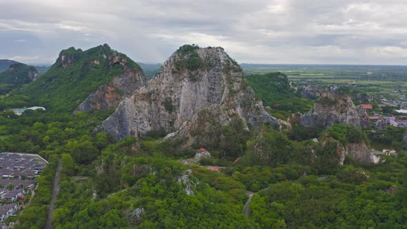 Aerial view of Khao Ngu Stone. National park with river lake, mountain valley hills