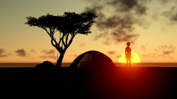 Woman engaged in sports at sunset camp alt