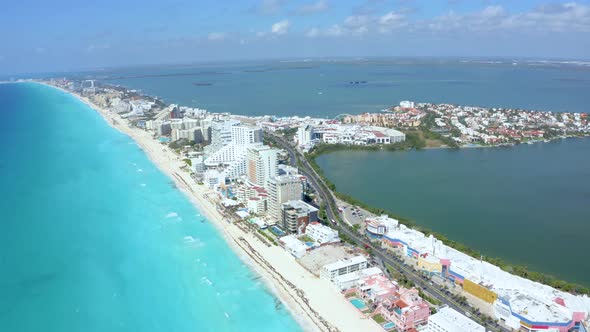 Aerial View of Cancun Mexico Showing Luxury Resorts and Blue Turquoise Beach