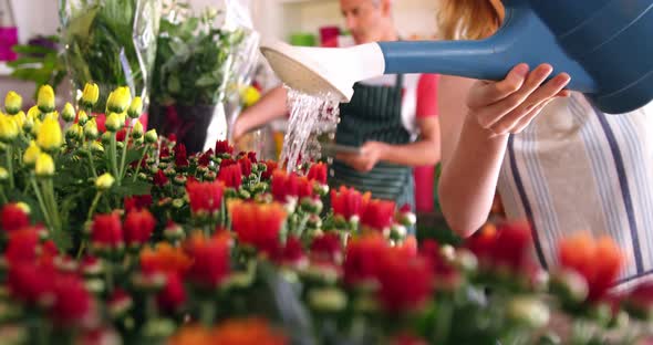 Female florist watering flowers in flower shop