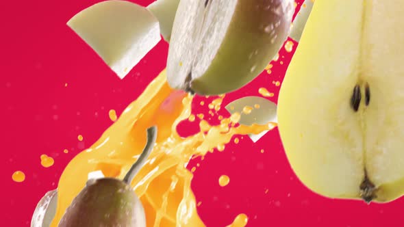 Pear with Slices Falling on Fuchsia Background