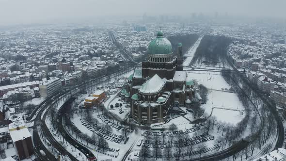 Aerial view of Basilique National du Sacre Coeur a Koekelberg, Belgium.