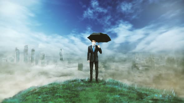 Umbrella Man with mask standing on top of world